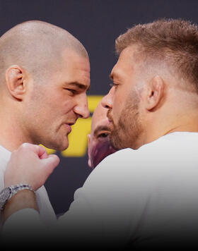  Opponents Sean Strickland and Dricus Du Plessis face off during the UFC 2024 seasonal press conference at MGM Grand Garden Arena on December 15, 2023 in Las Vegas, Nevada. (Photo by Chris Unger/Zuffa LLC)