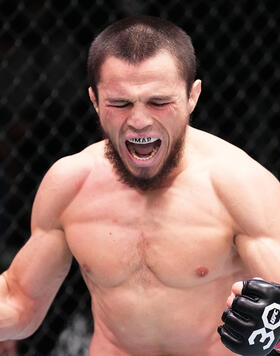 Umar Nurmagomedov of Russia reacts after his knockout victory over Raoni Barcelos of Brazil in a bantamweight fight during the UFC Fight Night event at UFC APEX on January 14, 2023 in Las Vegas, Nevada. (Photo by Chris Unger/Zuffa LLC)