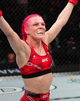 Gillian Robertson of Canada reacts after her TKO victory against Polyana Viana of Brazil in a strawweight bout during the UFC 297 event at Scotiabank Arena on January 20, 2024 in Toronto, Ontario. (Photo by Jeff Bottari/Zuffa LLC)