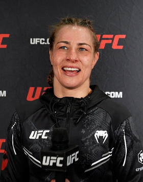 UFC Women's Bantamweight Jasmine Jasudavicius Reacts With UFC.com After Her Submission Victory Over Priscila Cachoeira At UFC 297 on January 20, 2024