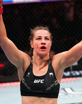 Jasmine Jasudavicius of Canada reacts after her submission victory against Priscila Cachoeira of Brazil in a bantamweight bout during the UFC 297 event at Scotiabank Arena on January 20, 2024 in Toronto, Ontario. (Photo by Jeff Bottari/Zuffa LLC)