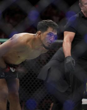 Adrian Yanez reacts after defeating Tony Kelley in a bantamweight fight during the UFC Fight Night event at Moody Center on June 18, 2022 in Austin, Texas. (Photo by Cooper Neill/Zuffa LLC)