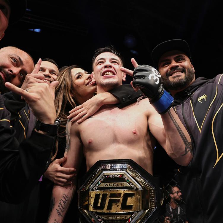 Brandon Moreno of Mexico reacts after his victory over Deiveson Figueiredo of Brazil in the UFC flyweight championship fight during the UFC 283 event at Jeunesse Arena on January 21, 2023 in Rio de Janeiro, Brazil. (Photo by Buda Mendes/Zuffa LLC