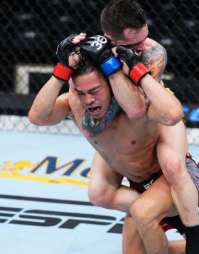 Bruno Silva scores the rear naked choke vs Tyson Nam on March 11, 2023 (Photo by Chris Unger/Zuffa LLC)