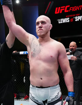 Serghei Spivac of Moldova reacts after his submission victory over Derrick Lewis in a heavyweight fight during the UFC Fight Night event at UFC APEX on February 04, 2023 in Las Vegas, Nevada. (Photo by Jeff Bottari/Zuffa LLC)