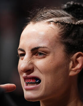 Casey O'Neill of United Kingdom prepares to enter the Octagon prior to facing Roxanne Modafferi in their flyweight fight during the UFC 271 event at Toyota Center on February 12, 2022 in Houston, Texas. (Photo by Josh Hedges/Zuffa LLC)