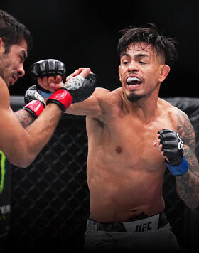 Brandon Royval punches Alexandre Pantoja of Brazil in the UFC flyweight championship fight during the UFC 296 event at T-Mobile Arena on December 16, 2023 in Las Vegas, Nevada. (Photo by Chris Unger/Zuffa LLC)