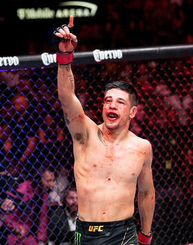 Brandon Moreno of Mexico reacts to the finish of his UFC flyweight championship fight during the UFC 290 event at T-Mobile Arena on July 08, 2023 in Las Vegas, Nevada. (Photo by Jeff Bottari/Zuffa LLC)