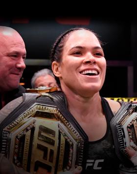 Amanda Nunes of Brazil reacts after her victory over Megan Anderson of Australia in their UFC featherweight championship fight during the UFC 259 event at UFC APEX on March 06, 2021 in Las Vegas, Nevada. (Photo by Jeff Bottari/Zuffa LLC)