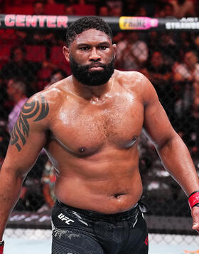 Curtis Blaydes reacts after his TKO victory against Jailton Almeida of Brazil in a heavyweight fight during the UFC 299 event at Kaseya Center on March 09, 2024 in Miami, Florida. (Photo by Chris Unger/Zuffa LLC)