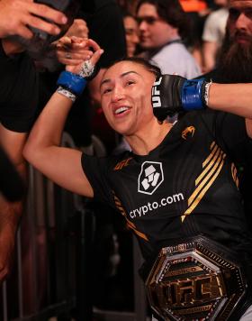 Carla Esparza reacts after her victory over Rose Namajunas during the UFC 274 event at Footprint Center on May 07, 2022 in Phoenix, Arizona. (Photo by Cooper Neill/Zuffa LLC)