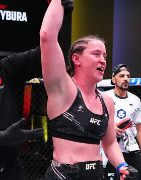 Chelsea Chandler reacts after her victory over Josiane Nunes of Brazil in their women's bantamweight fight during the UFC Fight Night event at UFC APEX on March 16, 2024 in Las Vegas, Nevada. (Photo by Jeff Bottari/Zuffa LLC)