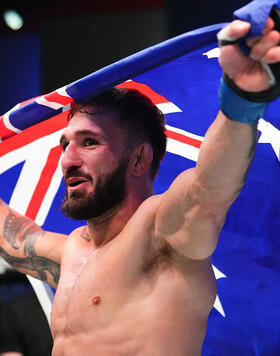 Kaan Ofli reacts after his victory over Nathan Fletcher in their featherweight fight during the filming of The Ultimate Fighter at UFC APEX on March 20, 2024 in Las Vegas, Nevada. (Photo by Chris Unger/Zuffa LLC)