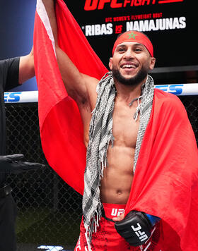 Youssef Zalal of Morocco reacts after his victory over Billy Quarantillo in a featherweight fight during the UFC Fight Night event at UFC APEX on March 23, 2024 in Las Vegas, Nevada. (Photo by Chris Unger/Zuffa LLC)