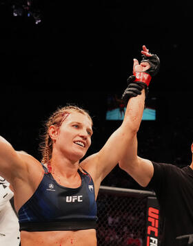 Manon Fiorot of France reacts after defeating Rose Namajunas in a flyweight fight during the UFC Fight Night event at The Accor Arena on September 02, 2023 in Paris, France. (Photo by Josh Hedges/Zuffa LLC)