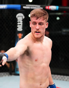 Paddy McCorry reacts after his submission victory over Mark Hulme in their middleweight fight during the filming of The Ultimate Fighter at UFC APEX on March 27, 2024 in Las Vegas, Nevada. (Photo by Chris Unger/Zuffa LLC)