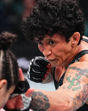 Virna Jandiroba punches Loopy Godinez in a strawweight bout during the UFC Fight Night event at Boardwalk Hall Arena on March 30, 2024 in Atlantic City, New Jersey. (Photo by Jeff Bottari/Zuffa LLC)