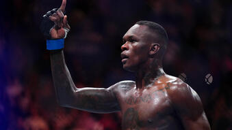 Israel Adesanya reacts after knocking out Alex Pereira in the UFC middleweight championship fight during the UFC 287 event at Kaseya Center on April 08, 2023 in Miami, Florida. (Photo by Cooper Neill/Zuffa LLC)