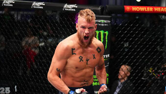 Robert Valentin reacts after his submission victory over Paddy McCorry in their middleweight fight during the filming of The Ultimate Fighter at UFC APEX on April 09, 2024 in Las Vegas, Nevada. (Photo by Chris Unger/Zuffa LLC)