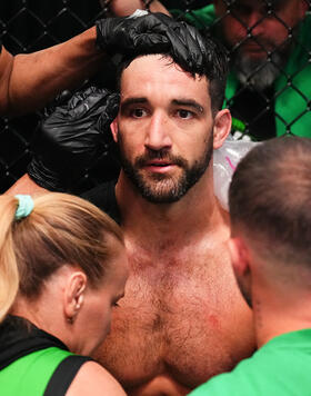 Ryan Loder rests between rounds of his middleweight fight against Omran Chaaban during the filming of The Ultimate Fighter at UFC APEX on April 09, 2024 in Las Vegas, Nevada. (Photo by Chris Unger/Zuffa LLC)