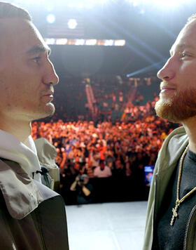 Max Holloway and Justin Gaethje face off at the UFC 300 pre-fight press conference