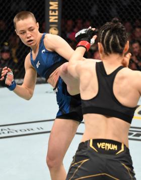 Rose Namajunas kicks Zhang Weili of China in their UFC women's strawweight championship bout during the UFC 261 event at VyStar Veterans Memorial Arena on April 24, 2021 in Jacksonville, Florida. (Photo by Josh Hedges/Zuffa LLC)