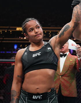 Karine Silva of Brazil reacts after her submission victory over Maryna Moroz of Ukraine in a flyweight fight during the UFC 292 event at TD Garden on August 19, 2023 in Boston, Massachusetts. (Photo by Cooper Neill/Zuffa LLC)