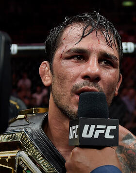 Alexandre Pantoja of Brazil reacts after his victory against Steve Erceg of Australia in a UFC flyweight championship bout during the UFC 301 event at Farmasi Arena on May 04, 2024 in Rio de Janeiro, Brazil. (Photo by Alexandre Loureiro/Zuffa LLC)