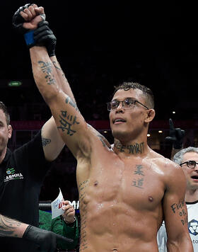 Caio Borralho of Brazil reacts after his knockout victory against Paul Craig of Scotland in a middleweight bout during the UFC 301 event at Farmasi Arena on May 04, 2024 in Rio de Janeiro, Brazil.