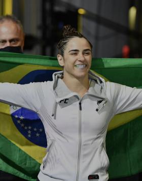 Norma Dumont of Brazil prepares to fight Aspen Ladd in a featherweight fight during the UFC Fight Night event at UFC APEX on October 16, 2021 in Las Vegas, Nevada. (Photo by Chris Unger/Zuffa LLC)