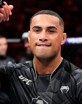  Carlos Ulberg of New Zealand reacts after his TKO victory over Ihor Potieria of Ukraine in their light heavyweight fight during the UFC Fight Night event at Spectrum Center on May 13, 2023 in Charlotte, North Carolina. (Photo by Jeff Bottari/Zuffa LLC)