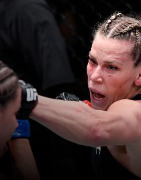 LAS VEGAS, NEVADA - JANUARY 15: (R-L) Katlyn Chookagian punches Jennifer Maia of Brazil in their lightweight fight during the UFC Fight Night event at UFC APEX on January 15, 2022 in Las Vegas, Nevada. (Photo by Jeff Bottari/Zuffa LLC)