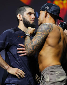 Opponents Islam Makhachev of Russia and Dustin Poirier face off during the UFC 302 ceremonial weigh-in at Prudential Center on May 31, 2024 in Newark, New Jersey. (Photo by Cooper Neill/Zuffa LLC)