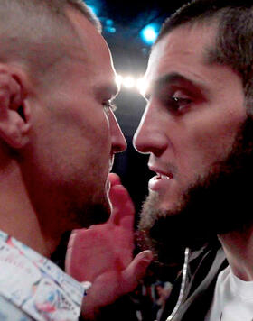 Islam Makhahcev and Dusitn Poirier faceoff at the UFC 302 Pre-Fight Press Conference in Newark, New Jersey