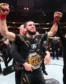 Islam Makhachev of Russia reacts after his submission victory against Dustin Poirier in the UFC lightweight championship fight during the UFC 302 event at Prudential Center on June 01, 2024 in Newark, New Jersey. (Photo by Jeff Bottari/Zuffa LLC via Getty Images)