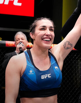 Tatiana Suarez reacts after her submission victory over Montana De La Rosa in a flyweight fight during the UFC Fight Night event at UFC APEX on February 25, 2023 in Las Vegas, Nevada. (Photo by Chris Unger/Zuffa LLC)