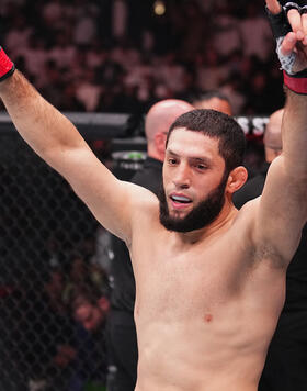 Ikram Aliskerov of Russia reacts after his knockout victory against Warlley Alves of Brazil in a middleweight fight during the UFC 294 event at Etihad Arena on October 21, 2023 in Abu Dhabi, United Arab Emirates. (Photo by Chris Unger/Zuffa LLC)