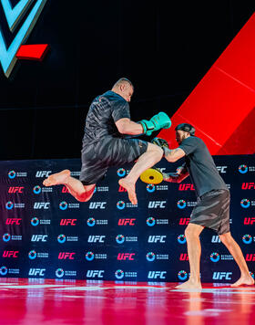 Sergei Pavlovich participates at the open workouts for UFC Fight Night: Whittaker vs Aliskerov in Riyadh, Saudi Arabia, on June 19, 2024. (Photo by Zac Pacleb/Zuffa LLC)