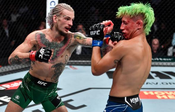 Sean O'Malley punches Kris Moutinho in their bantamweight fight during the UFC 264 event at T-Mobile Arena on July 10, 2021 in Las Vegas, Nevada. (Photo by Jeff Bottari/Zuffa LLC)