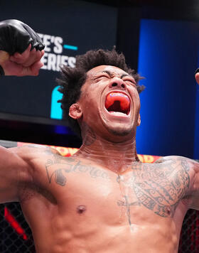 Vinicius Oliveira of Brazil reacts after his knockout victory over Victor Madrigal of Mexico in a bantamweight fight during Dana White's Contender Series season seven, week eight at UFC APEX on September 26, 2023 in Las Vegas, Nevada. (Photo by Chris Unger/Zuffa LLC)