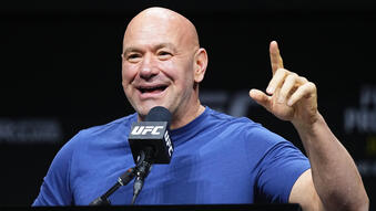 UFC CEO Dana White is seen on stage during the UFC 303 press conference at T-Mobile Arena on June 27, 2024 in Las Vegas, Nevada. (Photo by Jeff Bottari/Zuffa LLC)