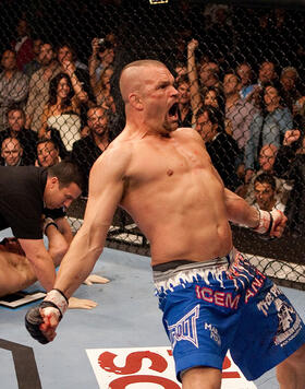 Chuck Liddell celebrates after knockout out Randy Couture at UFC 57 at the Mandalay Bay Events Center on February 4, 2006 in Las Vegas, Nevada. (Photo by Josh Hedges/Zuffa LLC)