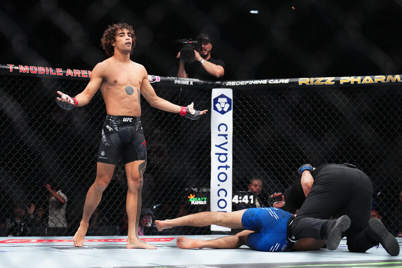 Payton Talbott reacts after knocking down Yanis Ghemmouri of France in a bantamweight fight during the UFC 303 event at T-Mobile Arena on June 29, 2024 in Las Vegas, Nevada. (Photo by Chris Unger/Zuffa LLC)