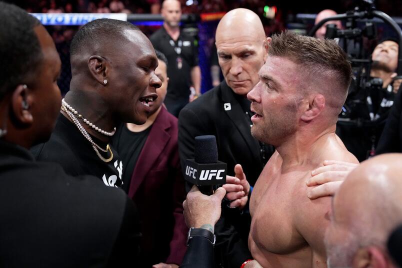 Israel Adesanya faces off against Dricus Du Plessis during the UFC 290 event at T-Mobile Arena on July 08, 2023 in Las Vegas, Nevada. (Photo by Jeff Bottari/Zuffa LLC)