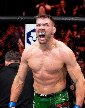 Dricus Du Plessis of South Africa reacts to the finish of his middleweight fight during the UFC 290 event at T-Mobile Arena on July 08, 2023 in Las Vegas, Nevada. (Photo by Jeff Bottari/Zuffa LLC)