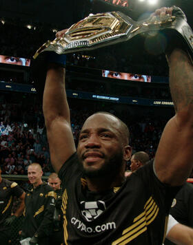 Leon Edwards celebrates the UFC welterweight title