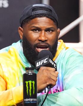 Curtis Blaydes is seen on stage during the UFC 304 press conference at Co-op Live on July 25, 2024 in Manchester, England. (Photo by Chris Unger/Zuffa LLC)