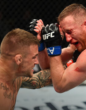 Dustin Poirier punches Justin Gaethje in their lightweight fight during the UFC Fight Night event at the Gila Rivera Arena on April 14, 2018 in Glendale, Arizona. (Photo by Josh Hedges/Zuffa LLC)