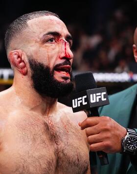 Belal Muhammad reacts after his victory against Leon Edwards of Jamaica in the UFC welterweight championship bout during the UFC 304 event at Co-op Live on July 27, 2024 in Manchester, England. (Photo by Chris Unger/Zuffa LLC)