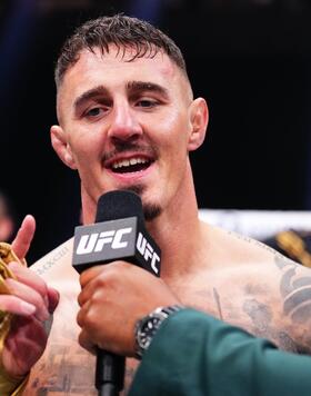 Tom Aspinall of England reacts after his knockout victory against Curtis Blaydes in the interim UFC heavyweight championship bout during the UFC 304 event at Co-op Live on July 27, 2024 in Manchester, England. (Photo by Chris Unger/Zuffa LLC)